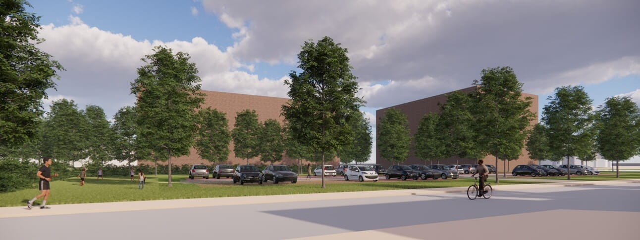 Een impressie van de voorgestelde appartementencomplexen met 90 woningen